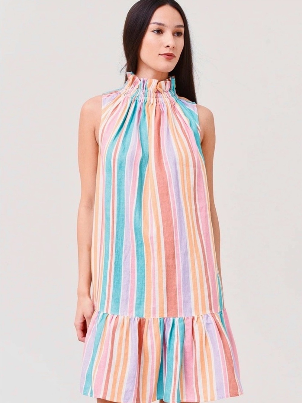 Women's Bonbon Stripe Garland Mini Dress Ephemera 100% Linen Maternity Pregnant
